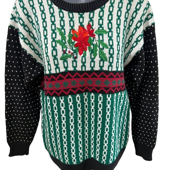 Vintage Huntington Ridge Christmas Sweater With Festive Poinsettia Design & Patt - Picture 1 of 7